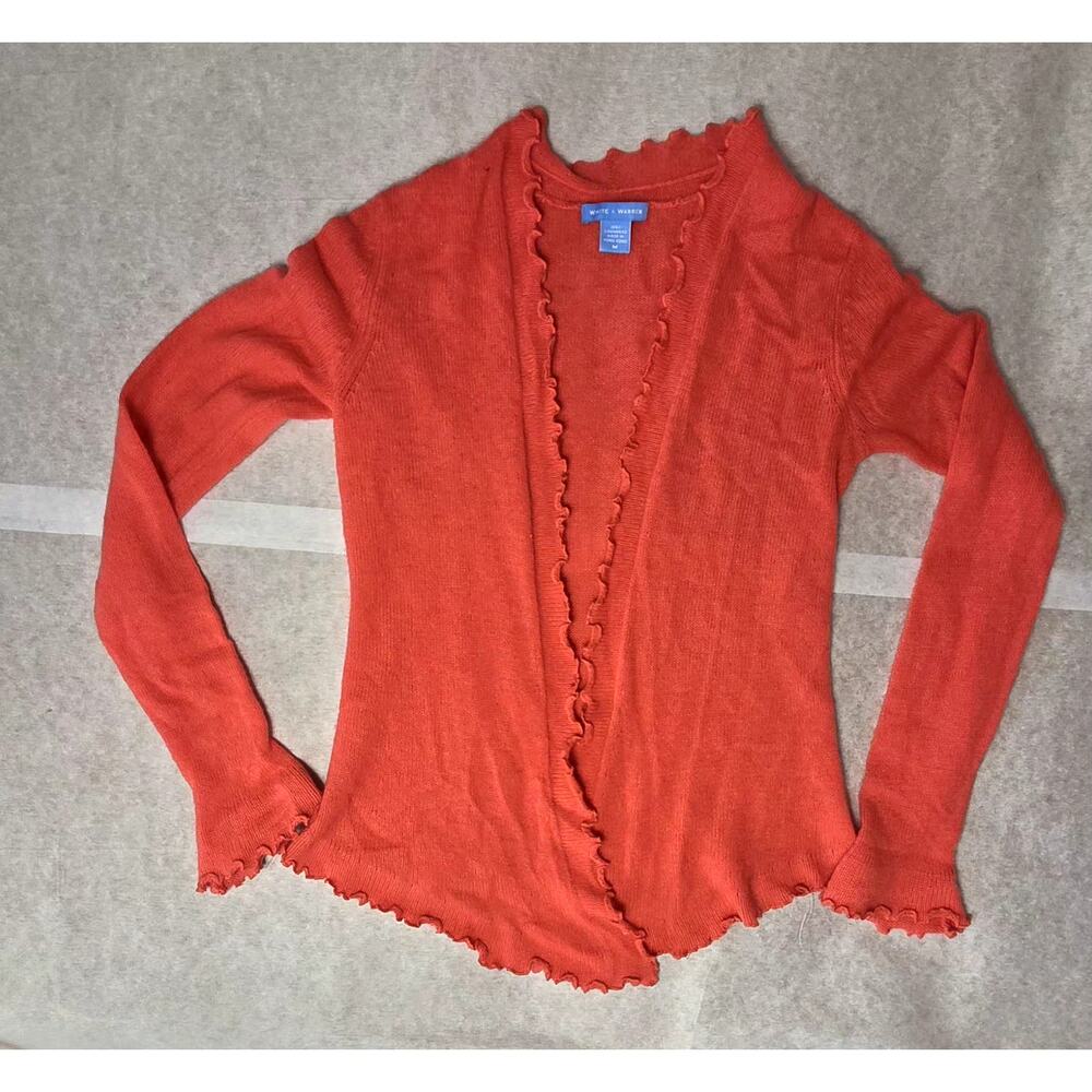 White & Warren 100% Cashmere Sweater Open Cardigan Ruffle Pink Size Medium